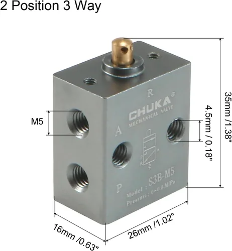 Vista 2 de uxcell Válvula mecánica neumática del solenoide del control manual de la manija de la manera M5 de 2 posiciones de 3 maneras, S3B-M5
