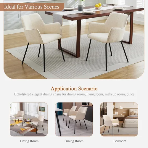Vista 4 de Sillas de comedor beige con brazos, silla de comedor de lino, sillas de comedor tapizadas modernas con patas de metal, silla pequeña para espacio