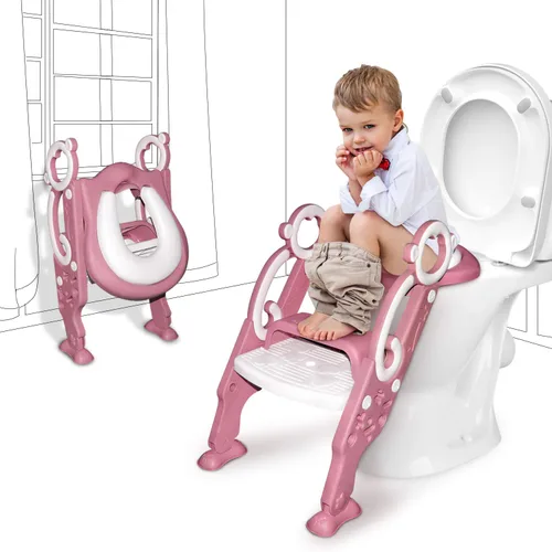 GrowthPic Asiento de entrenamiento para orinal para niños pequeños con taburete – Entrenador de inodoro plegable para niñas con cojín suave y