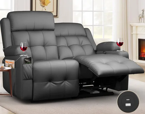 Vista 31 de Sofá reclinable de dos plazas, sofá reclinable de gran tamaño, sofá reclinable de masaje con puerto USB y almacenamiento y portavasos, sofá
