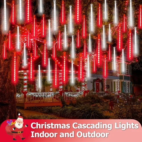 Vista 6 de SANJICHA Paquete de 2 luces de Navidad extensibles de lluvia de meteoritos al aire libre, 16 tubos 384 LED enchufables para decoraciones de Navidad