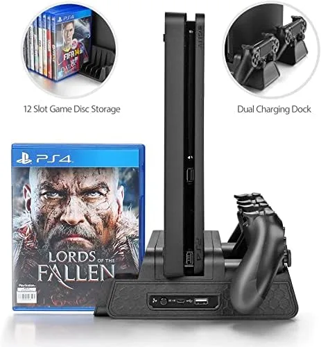 Vista 6 de URWOOW Vertical Stand for PS4PS4 SlimPS4 Pro - Cooling Fan with PS4 Charger Controller Charging Station with Game Storage Black