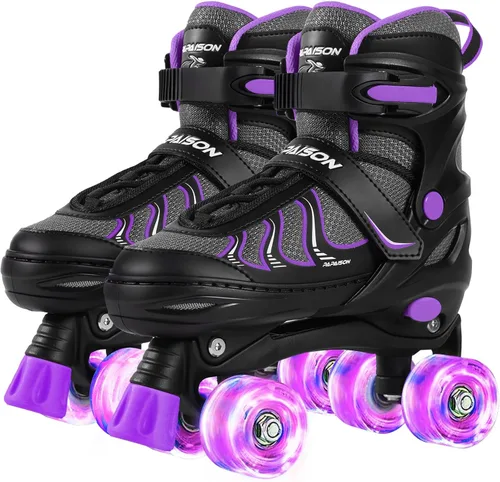 Vista 9 de PAPAISON Patines de ruedas para niñas de 8 a 12 años, talla ajustable, patines cuádruples para mujeres jóvenes con ruedas que se iluminan