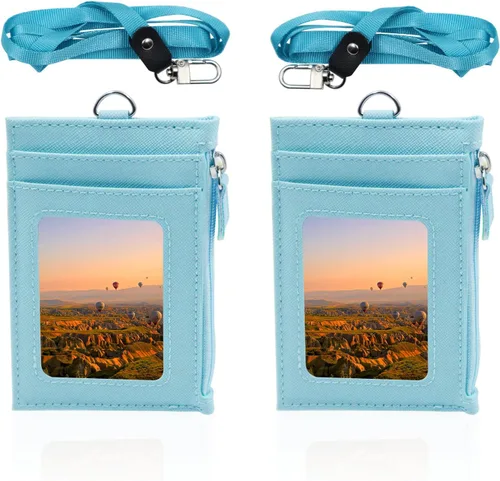 Vista 13 de Paquete de 2 portatarjetas de piel sintética con bolsillo con cremallera, cartera con cordón, tarjetero para tarjetas de identificación con 4 Negro