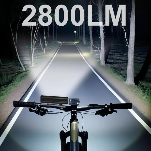 Vista 2 de Luces de bicicleta superbrillantes, 2800 lúmenes, 6400 mAh, 5 LED, 5 modos de iluminación, IPX5 impermeable, faro de bicicleta recargable tipo C