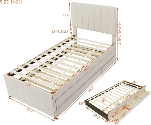 Vista 134 de SOFTSEA Cama de plataforma tapizada tamaño Queen con cajón de almacenamiento, marco de cama tapizado con cabecera con respaldo de alas, soporte