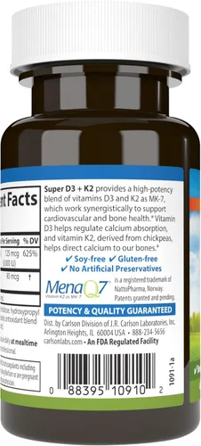Vista 3 de Carlson - Super D3 + K2, 125 mcg (5000 UI) de vitamina D3, 90 mcg de vitamina K2 como MK-7, soporte óseo, absorción de calcio, 45 cápsulas