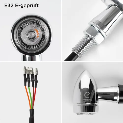 Vista 2 de evermotor Señales de giro cromadas 3 en 1 para motocicleta, aprobadas por E, E32 mecanizado CNC de 12 V E-motocicletas y scooters, carcasa universal