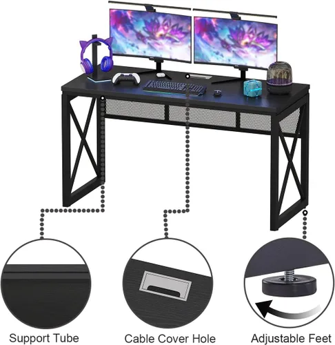 Vista 3 de BON AUGURE Escritorio negro para computadora, escritorio moderno para juegos, escritorios de oficina de madera industrial, escritorios de escritura