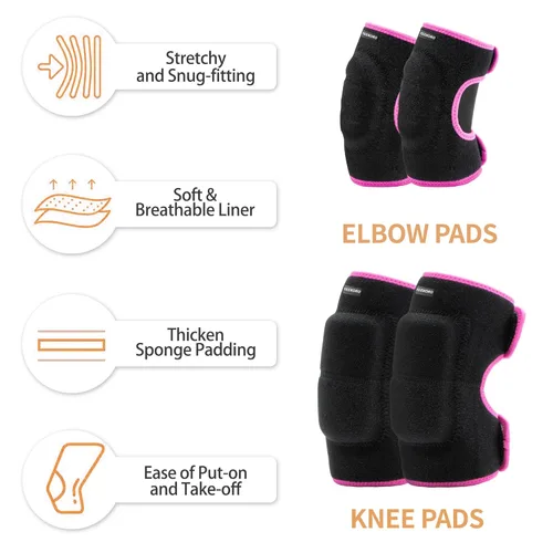 Vista 3 de Juego de rodilleras ajustables para niños y jóvenes con almohadillas gruesas SBR para montar, patinar, patinar, snowboard, voleibol (negro y rosa)