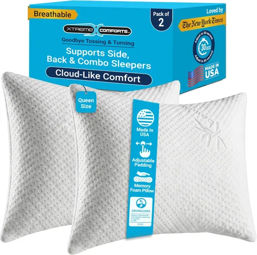 Vista 10 de Xtreme Comforts Almohadas de cama para dormir (paquete de 2) Almohadas ajustables de espuma viscoelástica triturada con funda de enfriamiento