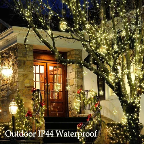 Vista 6 de Tira de luces LED para cortina, tira transparente, 8 modos, impermeable, para interiores y exteriores, luces decorativas para el hogar, medias lunas