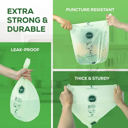 Vista 5 de (Incluye 10 bolsas adicionales) ANECO - Bolsas de basura 100% compostables de 2.6 galones, bolsas de compost pequeñas de cocina extra gruesas