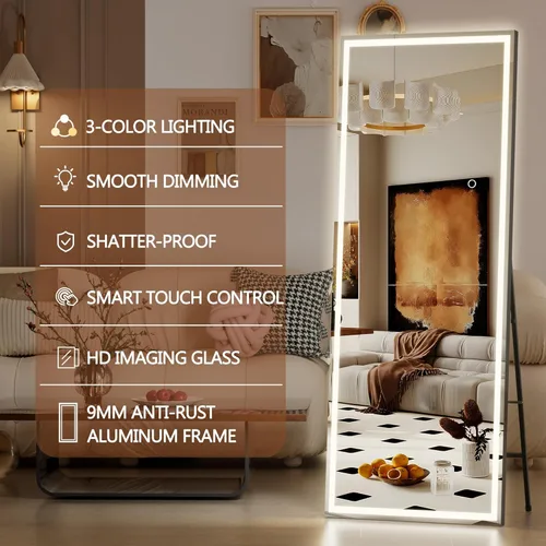 Vista 5 de Hasipu Espejo de longitud completa con luces, 67 x 22 pulgadas, espejo LED de pie iluminado templado, espejo de cuerpo completo con atenuación e
