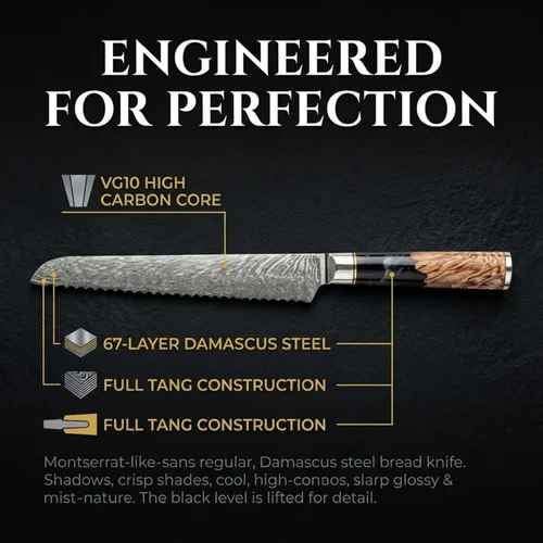 Vista 2 de Epicurean Cook Cuchillo de pan de Damasco de 8 pulgadas VG10 de acero de alto carbono, cuchillo de cocina japonés dentado, cuchillo profesional