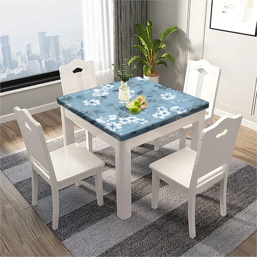 Vista 2 de SongYi Mantel cuadrado de poliéster con borde elástico de flores azules y blancas, cubierta de mesa para decoración del hogar, impermeable