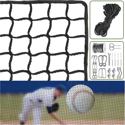 Vista 4 de Baseball Net Netting Batting Cage Net Backstop Net - Heavy Duty Nylon Sports Netting with 33FT Rope & Steel Hanging Kit, Multiple Sizes for Backyard