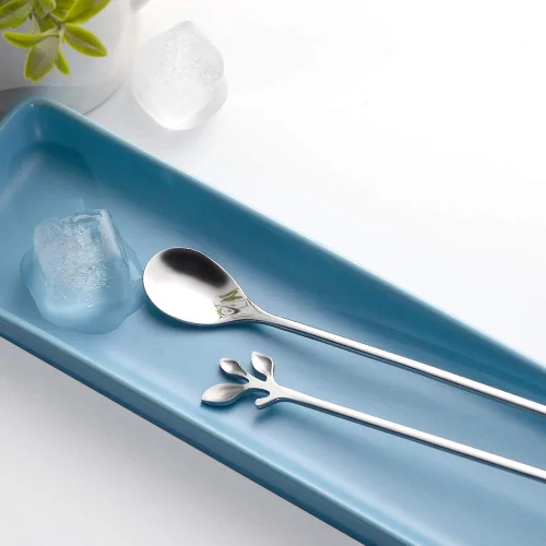 Vista 6 de AnSaw 10 cucharaditas de mango largo de 7.4 pulgadas, diseño de hoja plateada para cucharas de café y té, elegantes cucharas de acero inoxidable