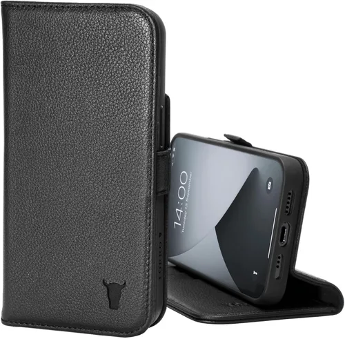 TORRO Funda de cuero compatible con iPhone 12 / iPhone 12 Pro - Funda de piel auténtica tipo cartera con tarjetero y función de soporte (negro)