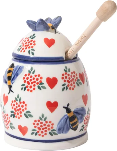 Vista 9 de ZOOBEE Tarros de Miel Cerámicos con Cuchara y Tapa Estilo Granja, Tarro de Miel de 10oz con Cuchara, Tarros de Miel Pintados a Mano con Abejas, Amor