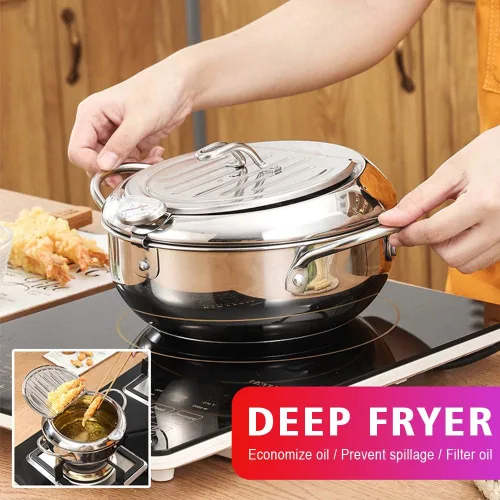 Vista 3 de Olla de acero inoxidable para freidora, sartén tempura, control de temperatura, mini olla de pollo con tapa y estante de filtro de aceite extraíble