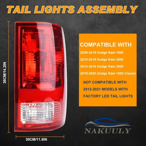 Vista 2 de Luz Trasera de Tipo Halógeno Compatible con Dodge Ram 1500, 2500, 3500 de 2009-2018 Modelo NO-LED Conjunto de Lámpara Trasera del Lado del Conductor