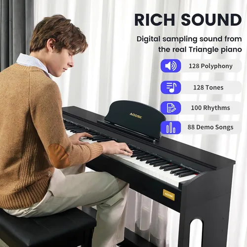 Vista 2 de AODSK - Piano digital de 88 teclas con acción de martillo, teclado piano ponderado con altavoces, soporte para muebles y pedales triples, curso