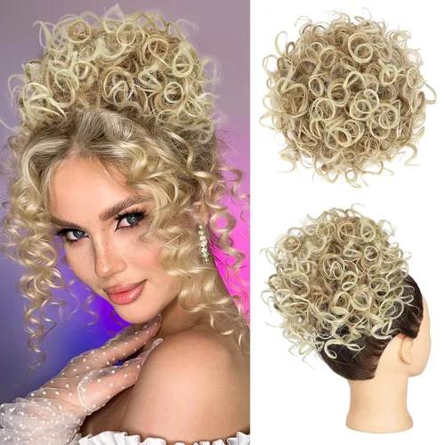 Vista 12 de Lommel - Extensiones de cabello estilo moño desordenado para mujer, 70g, con cordón elástico, ondas sueltas y rizadas, extensiones de cabello Marrón