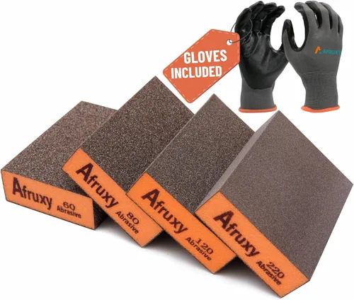Esponja de lijado, grano 60/80/120/220, paquete de 4 con guantes protectores, bloque de lijado de grano medio fino grueso, bloques de lijado secos y
