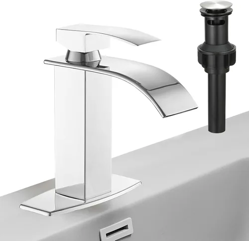 Vista 17 de Hoimpro - Grifo de baño con boquilla tipo cascada en oro cepillado, grifo de lavabo de una sola manija con orificio único, de acero inoxidable