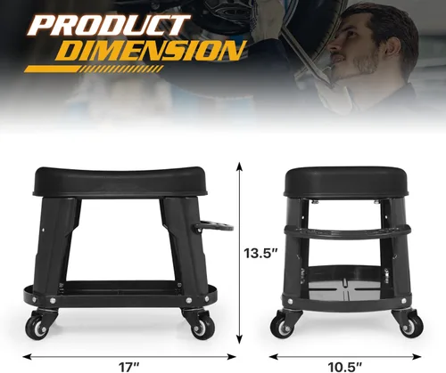 Vista 3 de Magshion Garage Shop - Asiento enrollable con soporte para herramientas y bandeja integrados, taburete mecánico de alta resistencia con ruedas