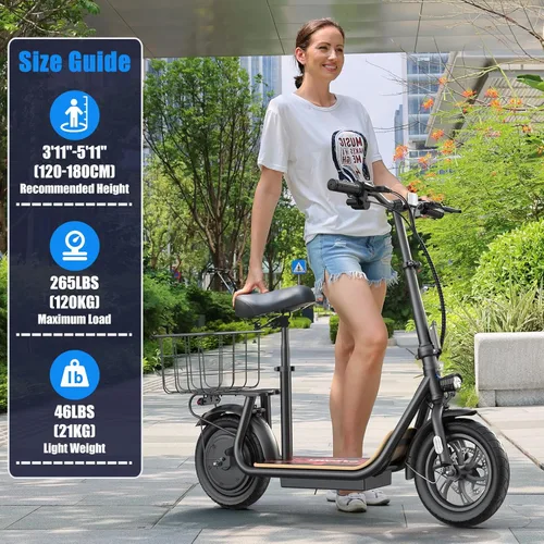 Vista 36 de Caroma Electric Scooter with Seat, Max 30 Miles Range&20MPH Speed, Peak 800/1200W Motor, Foldable Electric Scooter for Adults and Teens, Commuter E