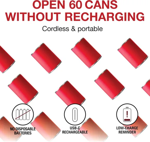 Vista 2 de Proctor Silex Abrelatas Automático Eléctrico, Operación Sin Cables y Recargable por USB, Autoalineación, Corta Bordes de Tapa con Toque Suave, Rojo