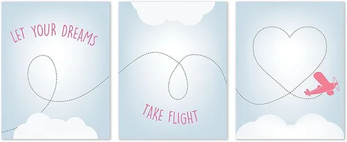 Let Your Dreams Take Flight - Impresión de 05 x 07 pulgadas en azul, plano rosa, impresiones artísticas para pared, tipografía, decoración de