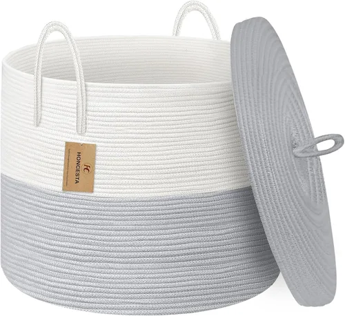 Vista 7 de Cesta de almacenamiento grande de 18" X 18" X 14" con tapa, cesta para mantas de sala de estar, caja de almacenamiento de cuerda de algodón tejida