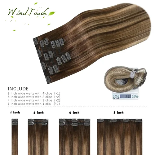 Vista 84 de WindTouch - Extensiones de cabello humano real con clip, color marrón claro a rubio con reflejos #6P613, 22 pulgadas, 4.33 onzas, 7 piezas #6p613