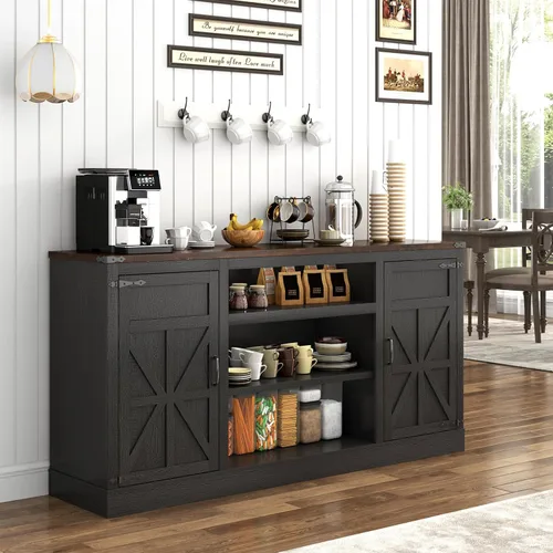 Vista 5 de Hlivelood Mueble de TV Estilo Granja de 66" con Tomas de Corriente para TVs de 75 Pulgadas, Centro de Entretenimiento de 33" de Alto con Gabinetes