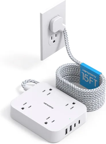 Vista 9 de Cable de Extensión con Enchufe Plano, HANYCONY Regleta de 5 pies con 4 Puertos USB (2 USB C), Extensor de 4 Tomas Amplias, Montaje en Pared