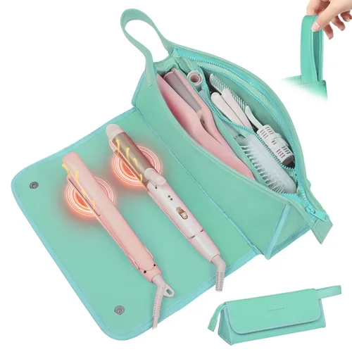 JKAOO Bolsa de viaje para herramientas para el cabello y alfombrilla resistente al calor, organizador portátil 2 en 1, estuche de viaje para