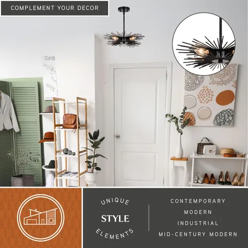 Vista 3 de VAXCEL Nikko - Lámpara de techo semiempotrada moderna de 16 pulgadas de ancho, color negro de mediados de siglo