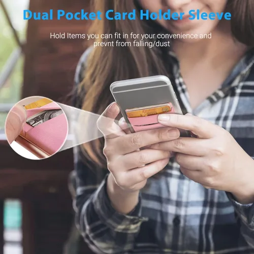 Vista 2 de OBVIS Paquete de 2 fundas adhesivas para teléfono celular con doble bolsillo para tarjetas, bolsa de doble bolsillo para iPhone y teléfono
