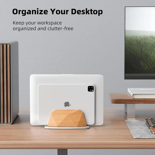 Vista 5 de AFOOYO Soporte vertical para laptop, soporte ajustable de madera para laptop, base de escritorio compatible con todos los MacBook, Surface