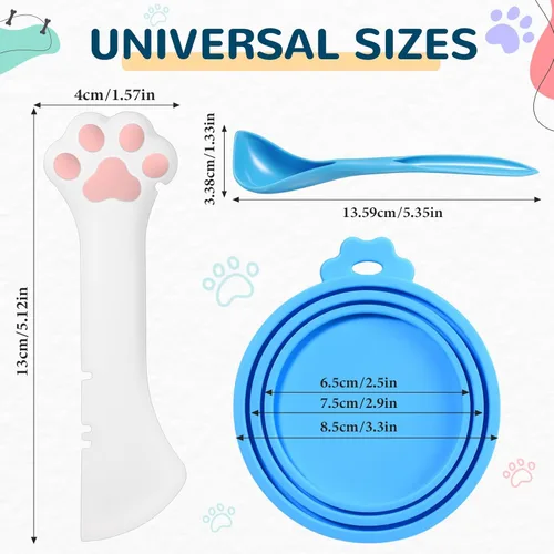 Vista 2 de Uiifan Tapa de comida para gatos, tapas para latas de comida para gatos, 8 piezas, juego de 5 tapas de silicona para gatos húmedos, 2 cucharas