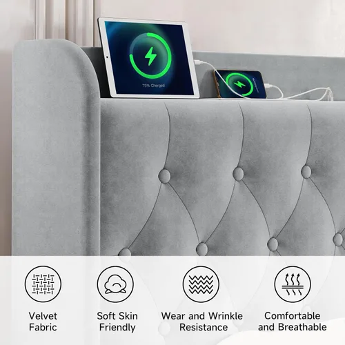 Vista 94 de koorlian Base de cama Queen con cabecero, base de cama tapizada ajustable con puertos tipo C y USB, cabecera de almacenamiento con respaldo de ala