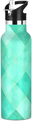 Kids Water Bottle with Straw for School Leakproof Sports Water Bottle for Boys Girls 20oz, BPA-Free, Turquoise Aqua Diamond Tiles