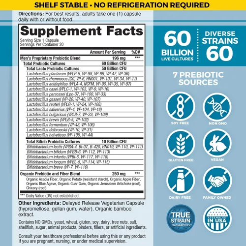 Vista 2 de Vital Planet - Probióticos Vital Flora para hombres, 60 mil millones de UFC, 60 cepas diversas, 7 prebióticos orgánicos, probióticos diarios