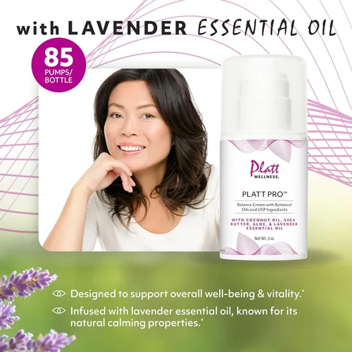 Vista 2 de Platt Pro Balance Cream con lavanda y aceites botánicos e ingredientes USP - 5% de progesterona, sin OMG, bomba de 3 onzas (3 onzas, lavanda)