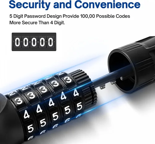 Vista 4 de Candado para bicicleta, combinación de 5 dígitos, resistente antirrobo, cadena de bicicleta y 2 llaves, 3.2 pies de largo, cerradura de bicicleta