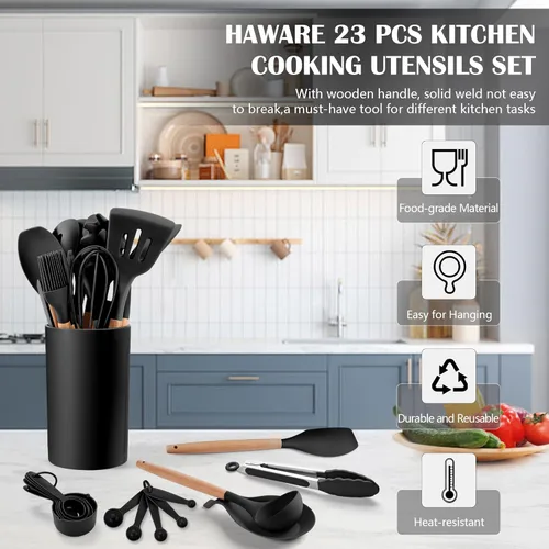 Vista 3 de Juego de utensilios de cocina HaWare, juego de espátulas de silicona de 23 piezas con soporte, utensilio de cocina con mango de madera resistente al