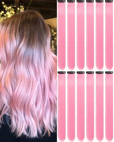 Vista 21 de 12 extensiones de cabello negro con clip, extensiones de cabello de color de 22 pulgadas, extensiones de cabello sintético largo y lacio para mujer